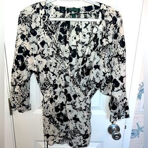 Ralph Lauren Black and White Wrap Blouse 3/4 Sleeve